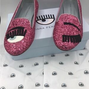 Chiara Ferragni Pink Glitter Eye Embroidered Slip-On Loafers
